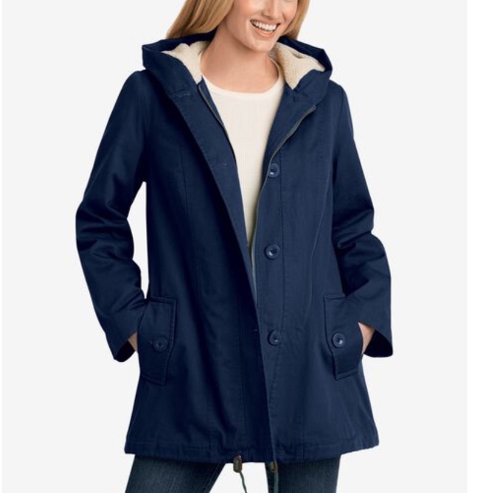 Woman Within Women’s Sherpa-Lined Hooded Parka Jacket In Navy Size 26w